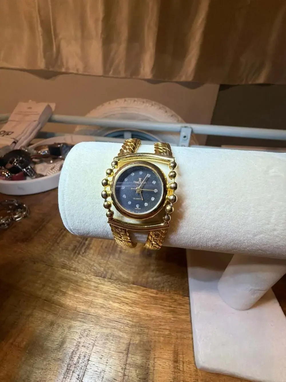 Timestar Gold Tone Quartz Women's Cuff Watch with Rhinestone Markers